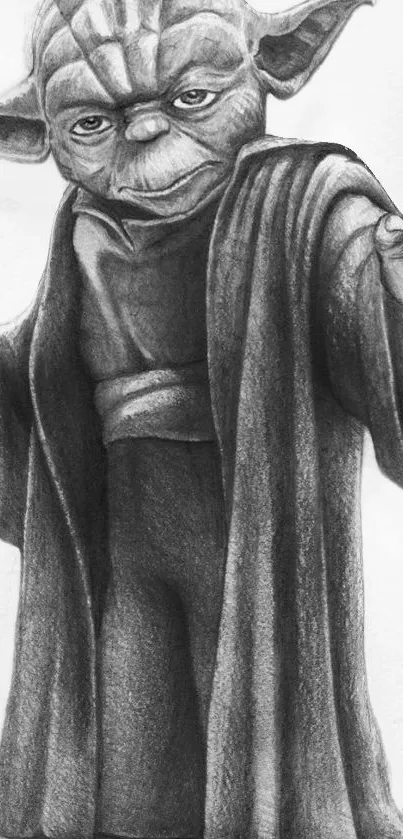 Monochrome pencil sketch of Jedi character with robe and staff.