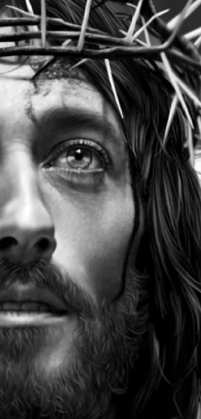 Black and white portrait of Jesus with a crown of thorns, artistic style.