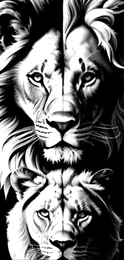 Artistic black and white lion faces on a mobile wallpaper design.