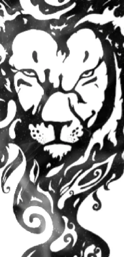 Black and white illustration of a lion with artistic swirls.