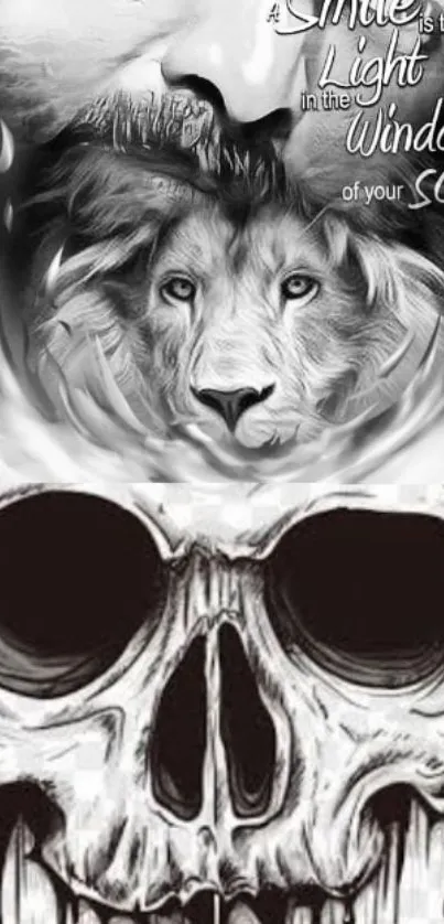 Black and white lion and skull artistic wallpaper.