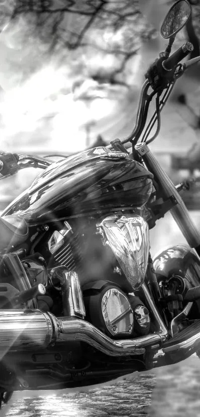 Artistic black and white motorcycle wallpaper with chrome details.