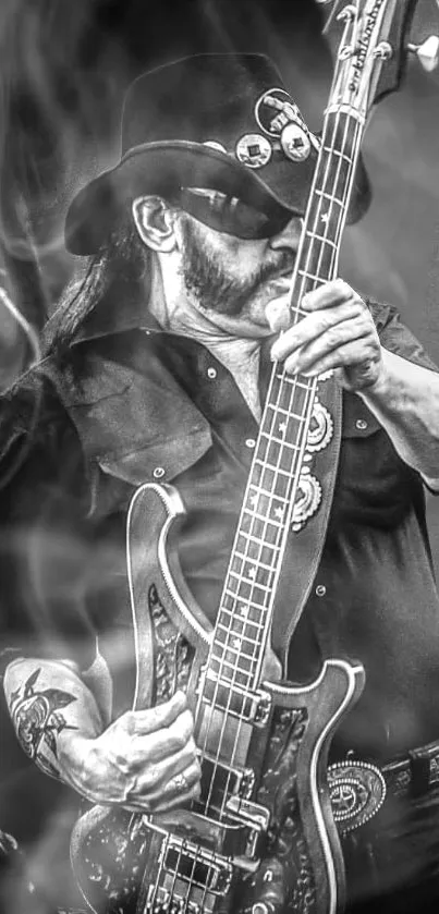 Monochrome image of a musician playing an electric guitar, exuding a classic rock vibe.