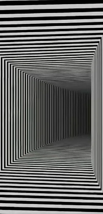 Black and white geometric optical illusion wallpaper with striped tunnel effect.