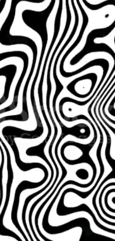 Black and white optical illusion pattern with flowing abstract lines.