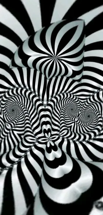 Black and white optical illusion wallpaper with twisting patterns.