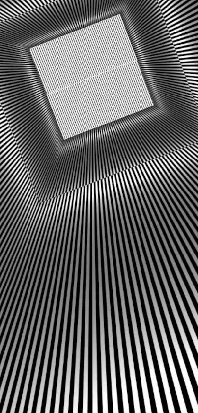 Monochrome optical illusion with black and white linear geometric design.