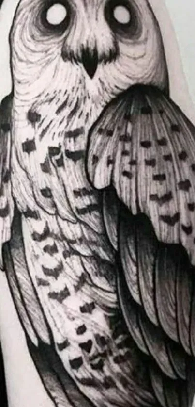 Black and white owl tattoo design on arm.