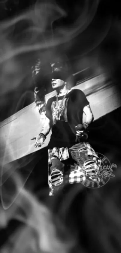 Black and white mobile wallpaper of a rockstar on stage.