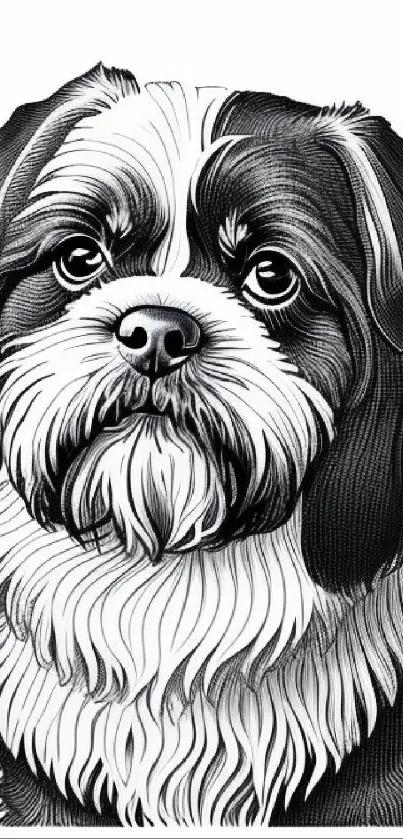 Black and white Shih Tzu illustration with intricate detail for wallpaper.