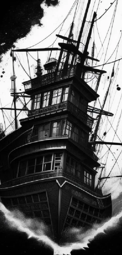 Black and white artistic ship wallpaper featuring a dramatic sailing vessel.