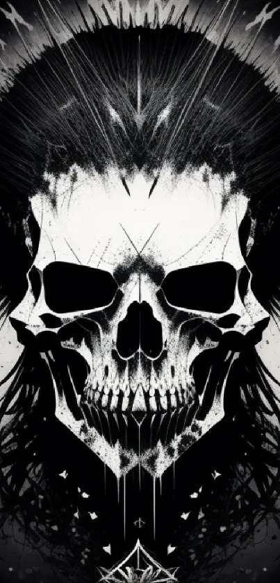 Black and white skull art with intricate design.