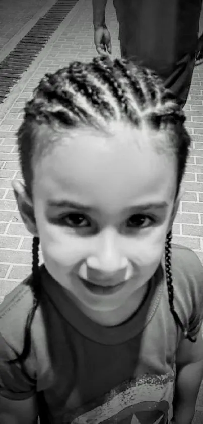 Smiling child with braided hair on a brick pavement in black and white.