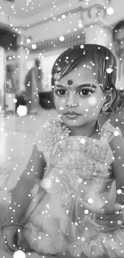 Black and white portrait of a child with snow effect, elegant mobile wallpaper.