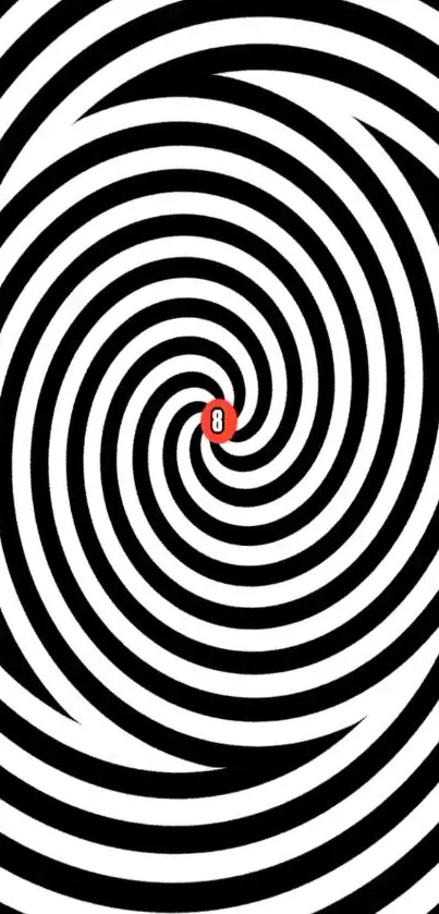 Spiral black and white wallpaper with a central red circle.