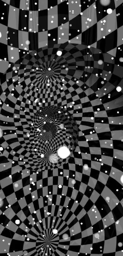 Black and white spiral illusion design with floating white dots.