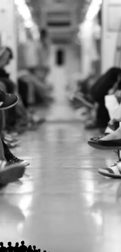 Black and white subway scene, floor perspective.