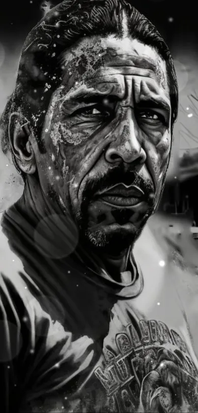 Black and white urban portrait artwork with intense expression.