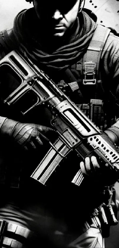 Black and white mobile wallpaper featuring a tactical soldier in action.