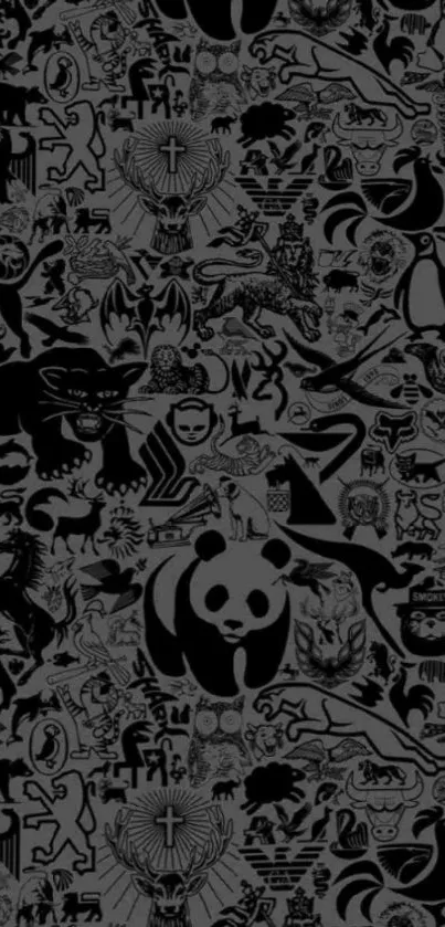 Black animal pattern wallpaper with wildlife illustrations.