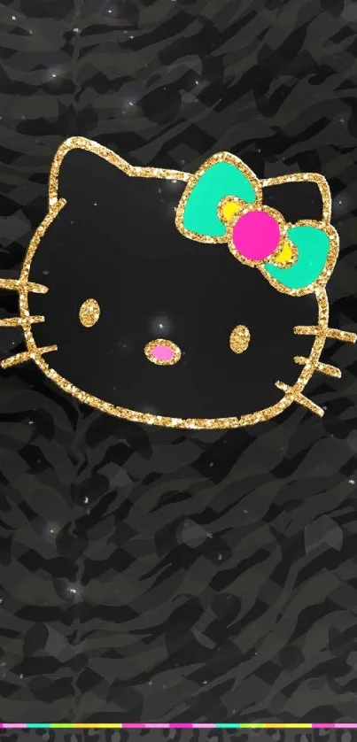 Glittery cat on a black background with colorful accents.