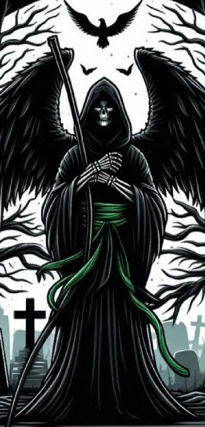 Grim Reaper art with black wings and graveyard background.