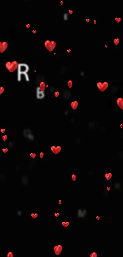 Black wallpaper with floating red hearts.