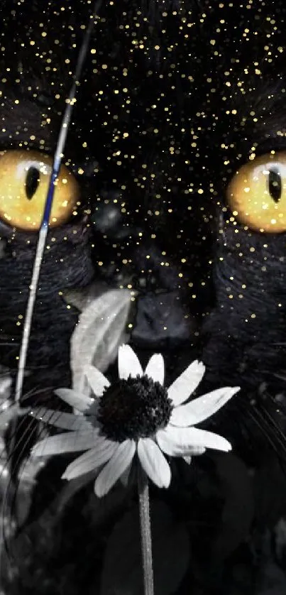 Black cat with yellow eyes peering through white flowers on a dark background.