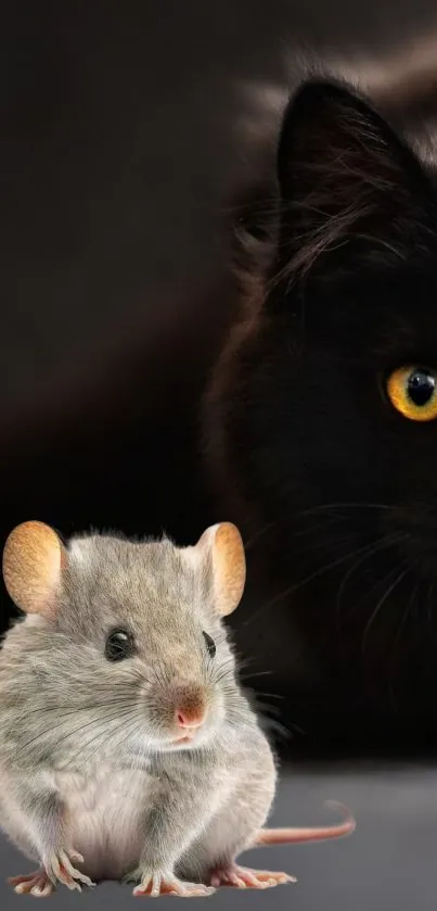 Wallpaper of a black cat and a mouse on a dark background.