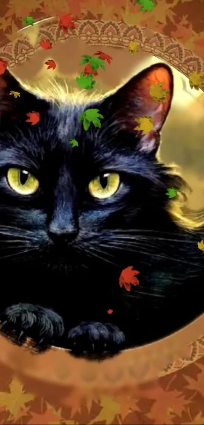 A black cat surrounded by autumn leaves on a brown background.