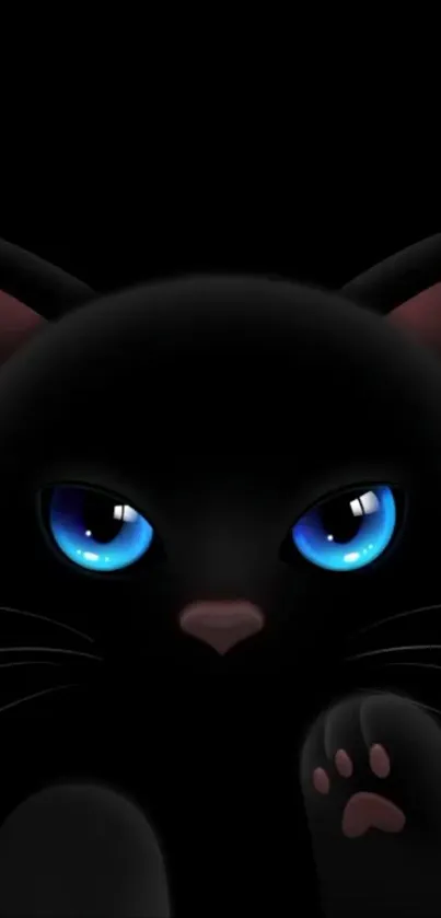 Black cat with glowing blue eyes on dark background wallpaper.