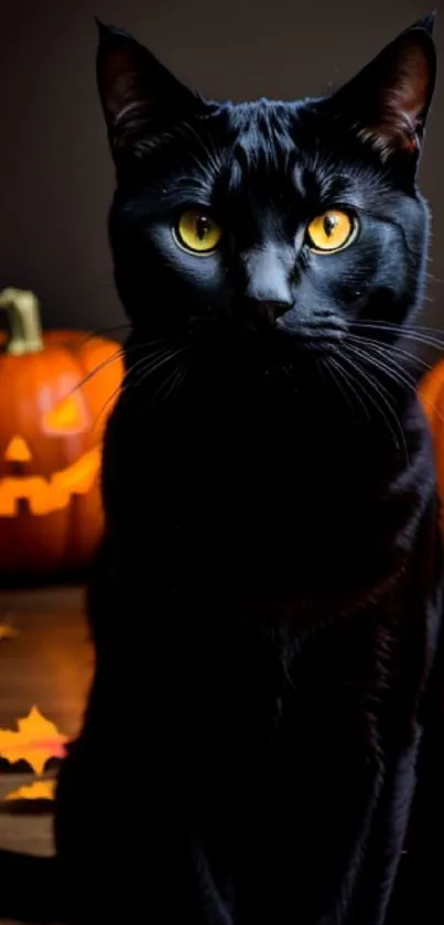 Black cat with pumpkins Halloween wallpaper.