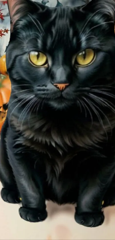 Black cat with pumpkins Halloween wallpaper.