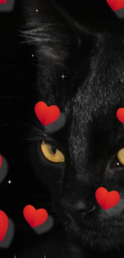 Black cat with red hearts and yellow eyes on a dark background.