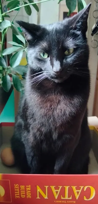 Black cat sitting in a Catan box with plants around.