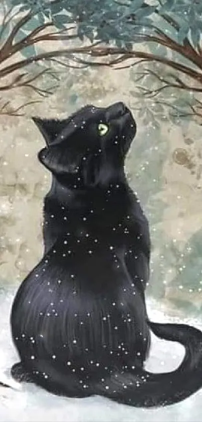 Black cat in a snowy enchanted forest wallpaper.