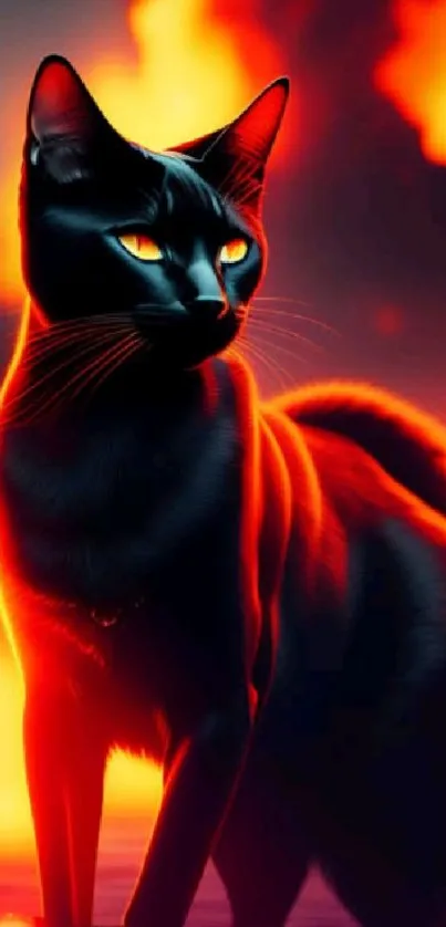 Black cat with fiery neon glow background.