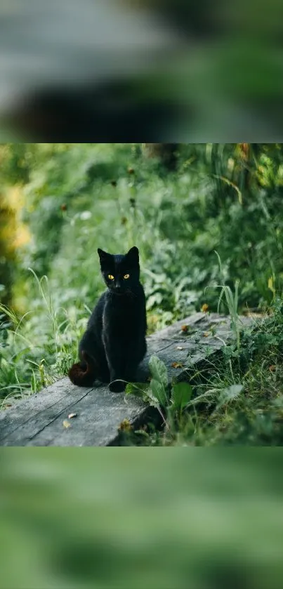 Black cat sitting in lush, green forest setting.