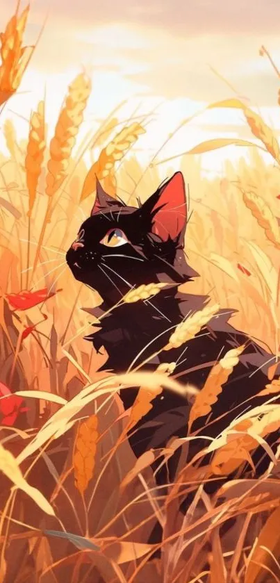 A black cat sits peacefully in a golden wheat field under the autumn sky.