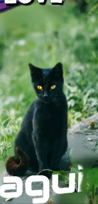 Black cat with orange eyes sitting outdoors on green grassy background.