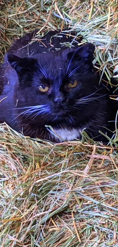 A black cat nestled in a pile of hay for a rustic mobile wallpaper.