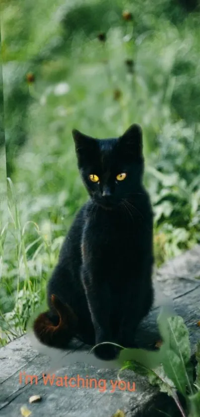 Black cat with glowing eyes in a lush green forest setting, on a log.