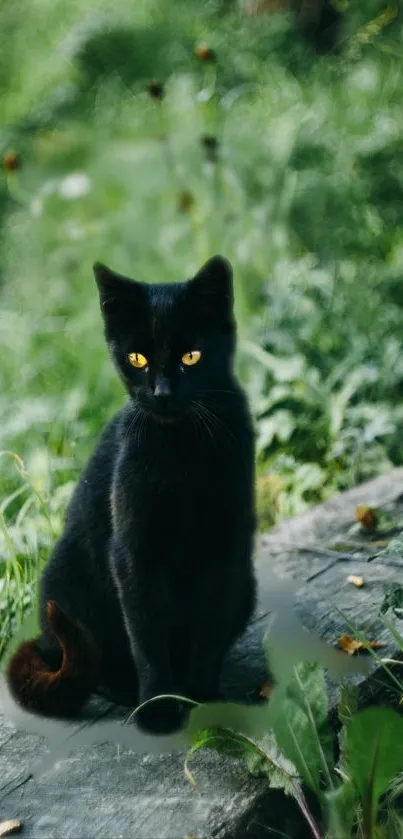 Black cat with golden eyes on a lush green background.