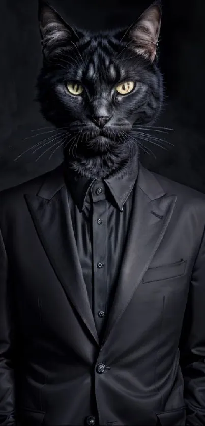 Black cat in a sleek suit, dark background.