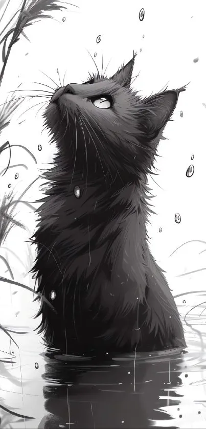 Illustrated black cat in water with raindrops and grass.