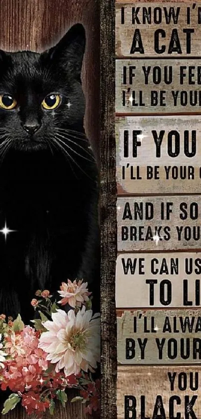 Black cat with flowers and comforting quotes on rustic background.