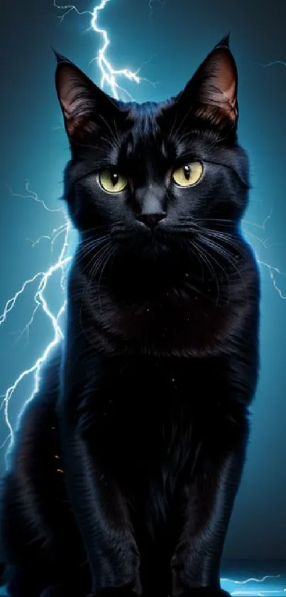 Black cat with glowing eyes and lightning in the background.