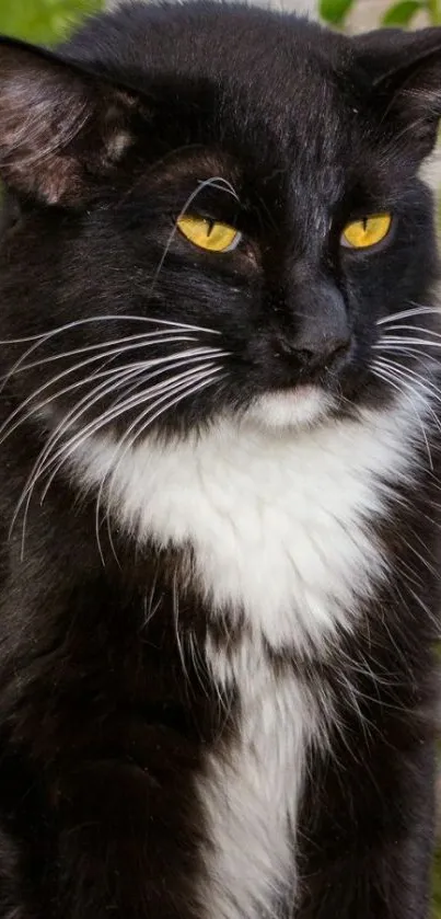 Black cat with yellow eyes in a lush background.