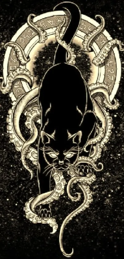 Artistic black cat with octopus design wallpaper.