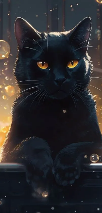 Black cat with golden eyes among glowing bubbles in dim light.